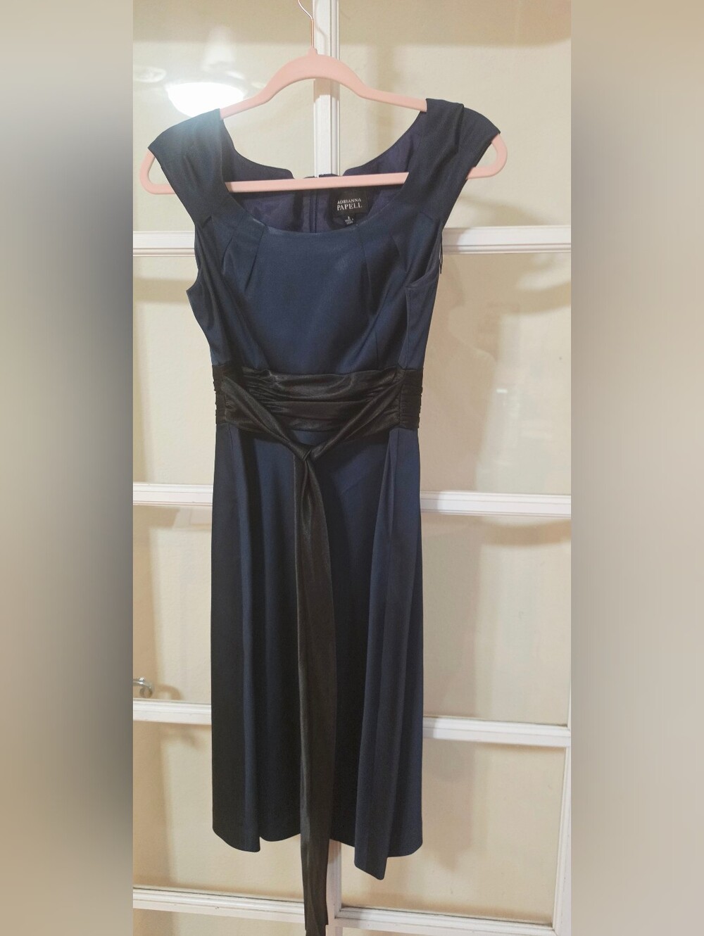 Gorgeous Navy Adrianna Papell Midi Dress with Black Waist Sash